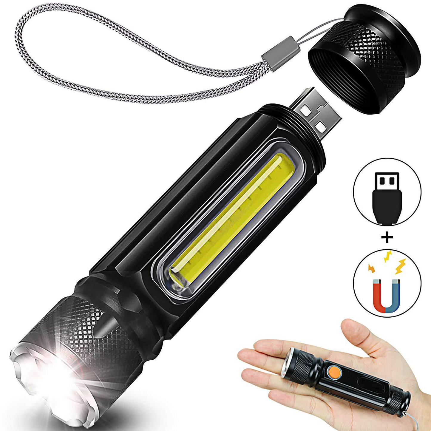 USB Rechargeable Magnetic Flashlight - LED Emergency Light With Magnet And Carrying Strap
