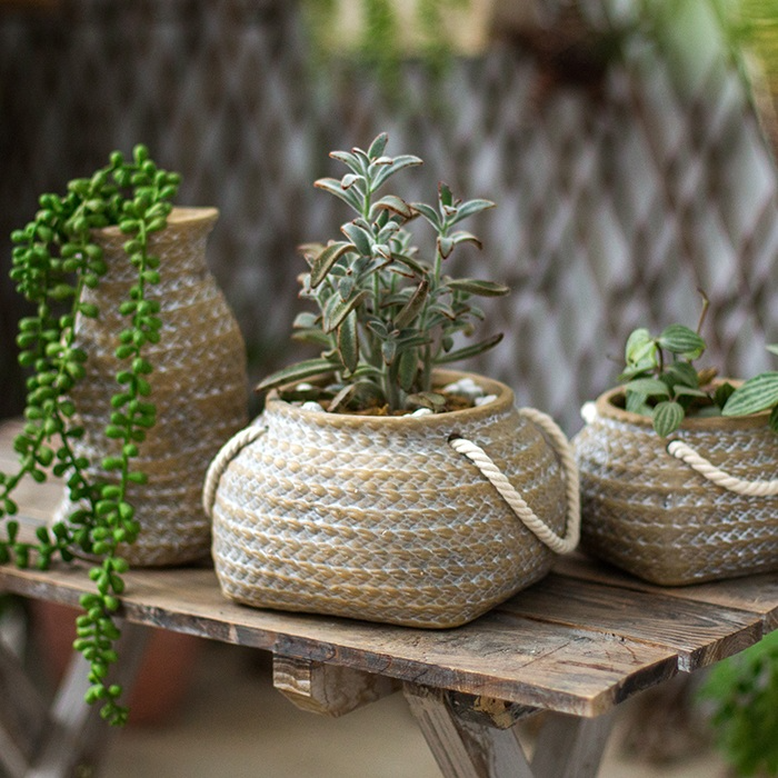 Ceramic Plant Pot in Hemp Bag Design with Rope Handles - Decorative Flower Pot for Garden and Home