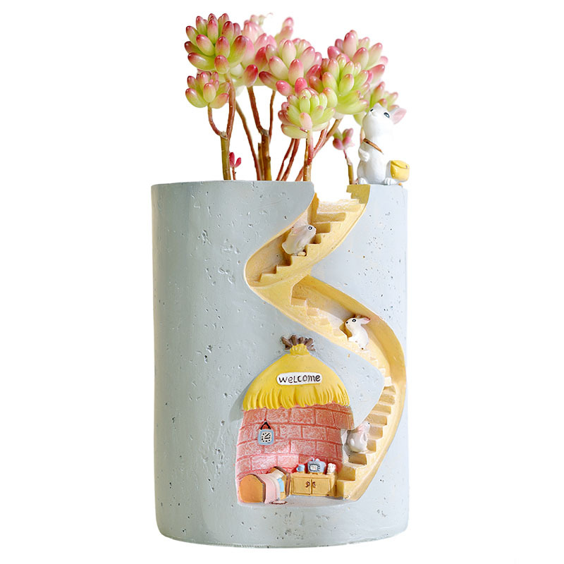 Decorative Plant Pot with Hedgehog and Rabbit Miniature - Creative Staircase Design for Plants