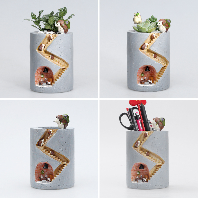 Decorative Plant Pot with Hedgehog and Rabbit Miniature - Creative Staircase Design for Plants