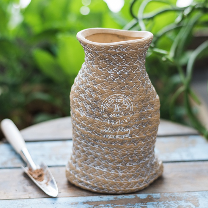 Ceramic Plant Pot in Hemp Bag Design with Rope Handles - Decorative Flower Pot for Garden and Home