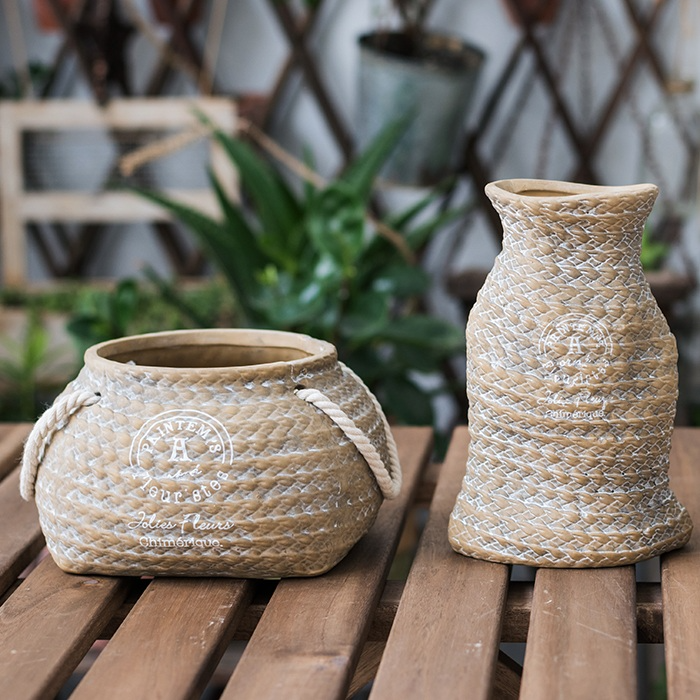 Ceramic Plant Pot in Hemp Bag Design with Rope Handles - Decorative Flower Pot for Garden and Home