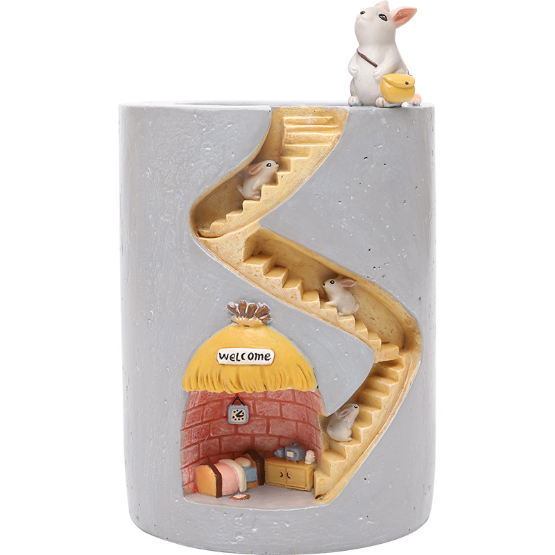 Decorative Plant Pot with Hedgehog and Rabbit Miniature - Creative Staircase Design for Plants