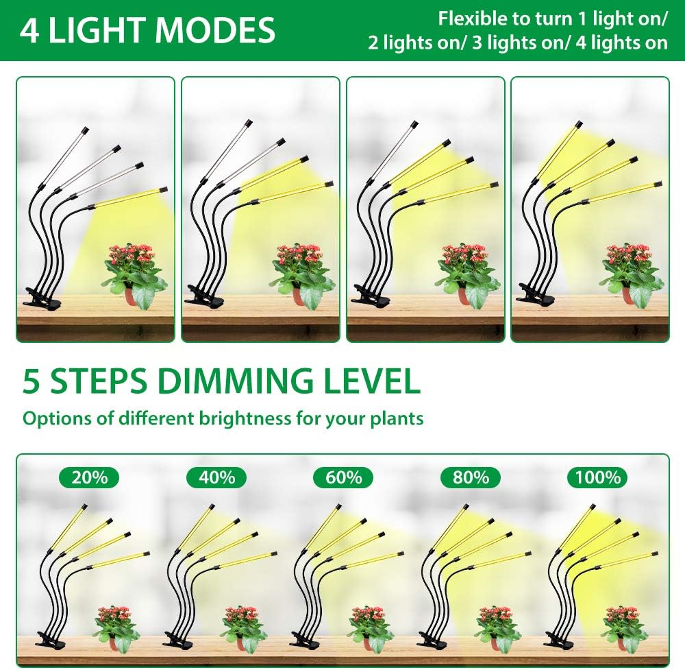 Plant Grow Light with 4 Flexible Arms and Dimming Function for Indoor Gardens