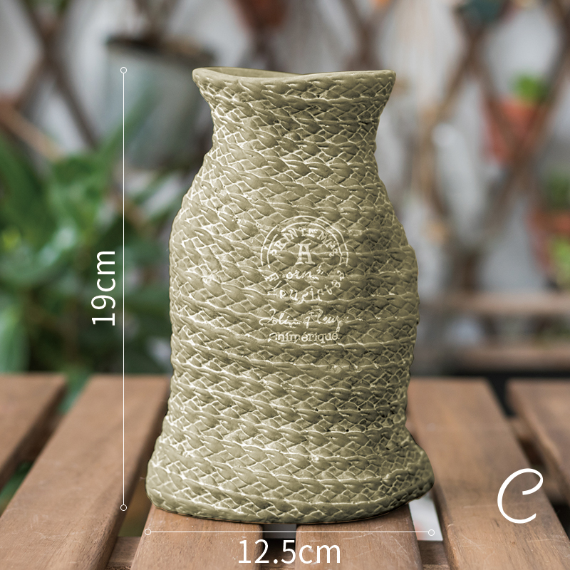 Ceramic Plant Pot in Hemp Bag Design with Rope Handles - Decorative Flower Pot for Garden and Home