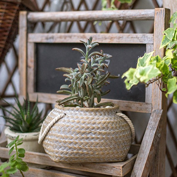 Ceramic Plant Pot in Hemp Bag Design with Rope Handles - Decorative Flower Pot for Garden and Home