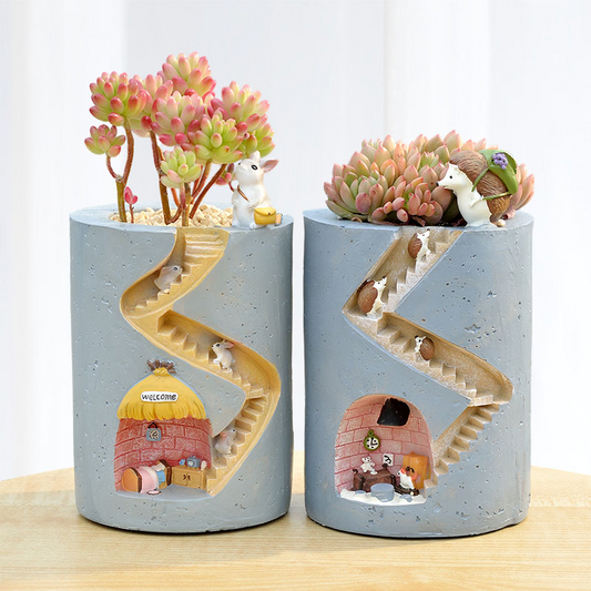 Decorative Plant Pot with Hedgehog and Rabbit Miniature - Creative Staircase Design for Plants