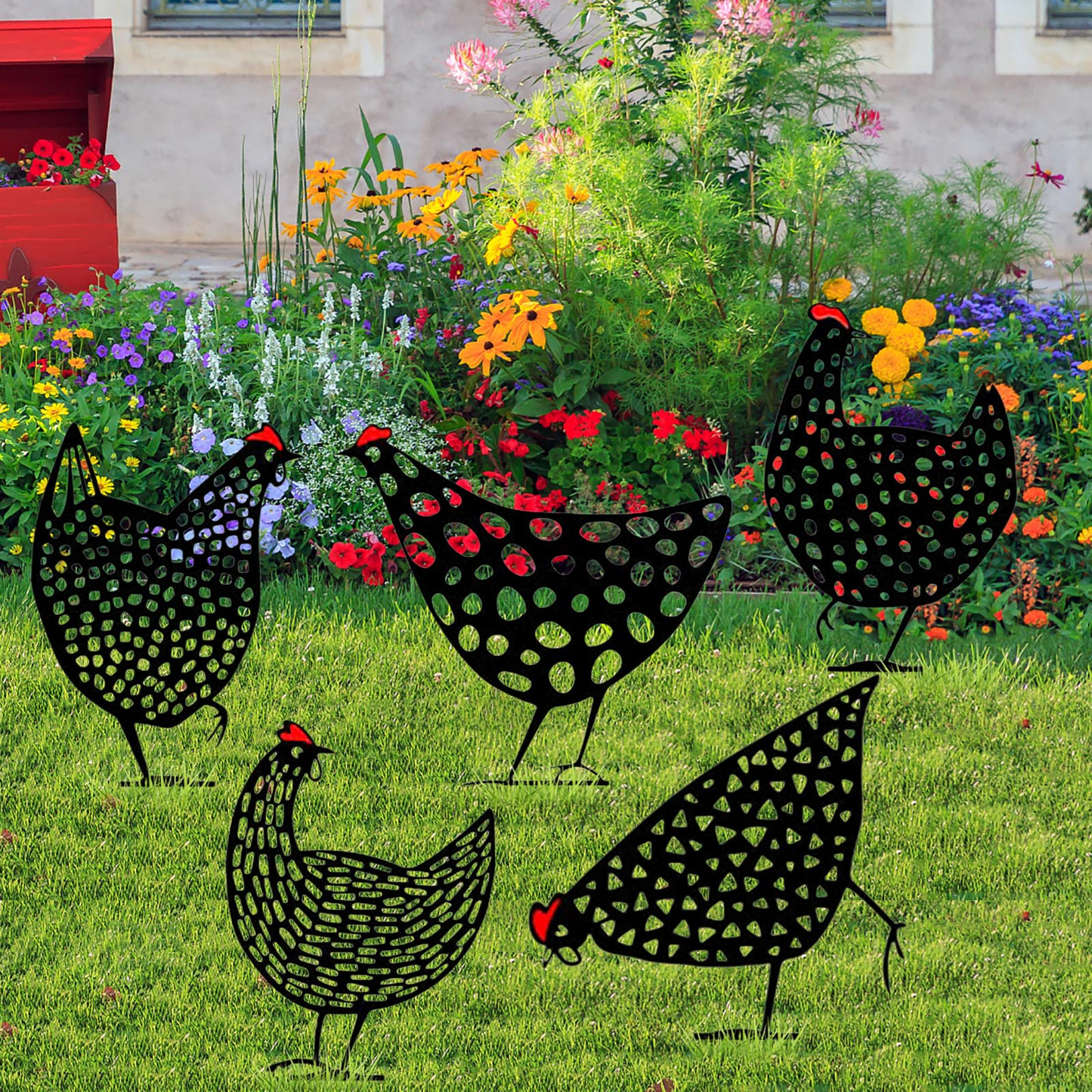 Decorative Metal Chickens - Garden Plug Set for Outdoor Use
