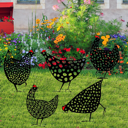 Decorative Metal Chickens - Garden Plug Set for Outdoor Use