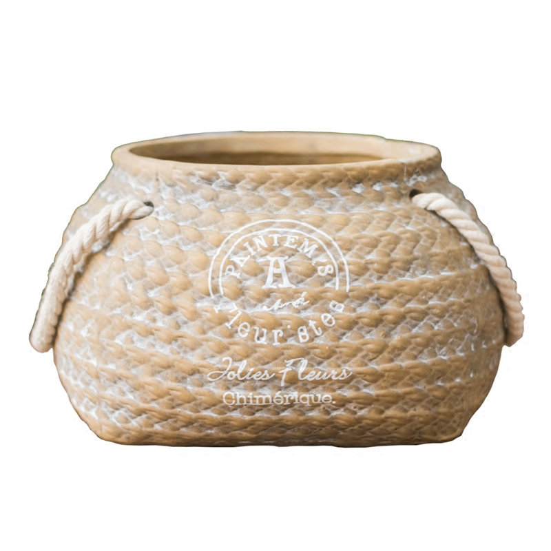 Ceramic Plant Pot in Hemp Bag Design with Rope Handles - Decorative Flower Pot for Garden and Home