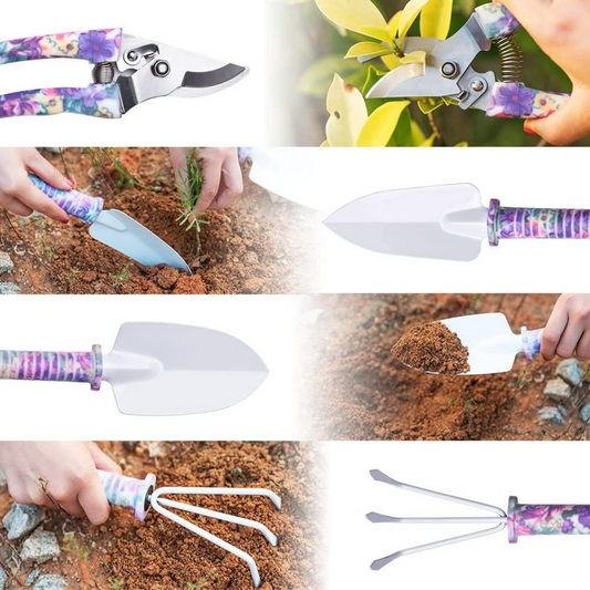 Coloured Garden Tool Set with 10 Pieces - Ergonomic Tools for Gardening