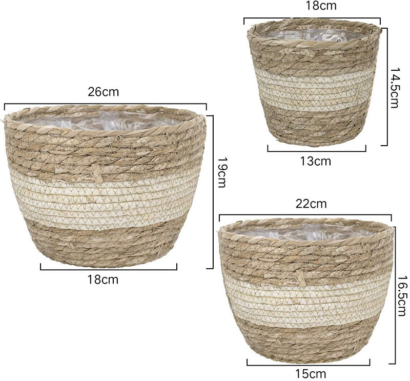 Decorative Plant Baskets Made of Seagrass in a Set of 3 - Hand - Woven Flower Pots with Foil Insert