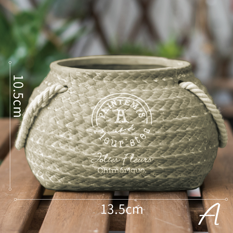 Ceramic Plant Pot in Hemp Bag Design with Rope Handles - Decorative Flower Pot for Garden and Home