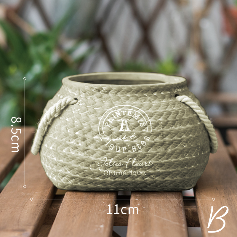 Ceramic Plant Pot in Hemp Bag Design with Rope Handles - Decorative Flower Pot for Garden and Home