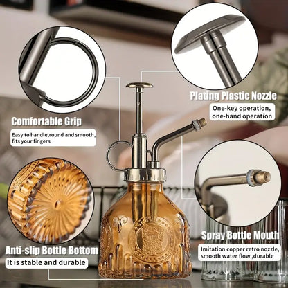 Embossed Glass Bottle with Metal Nozzle - Plant Sprayer for Watering Flowers in a Vintage Design