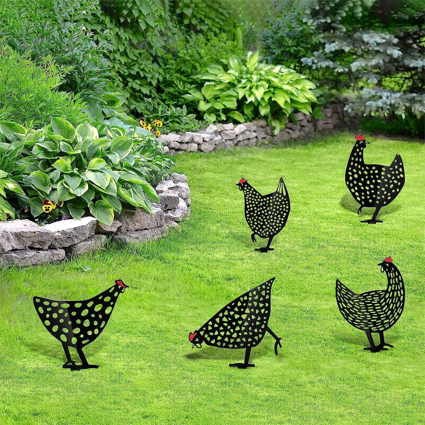Decorative Metal Chickens - Garden Plug Set for Outdoor Use