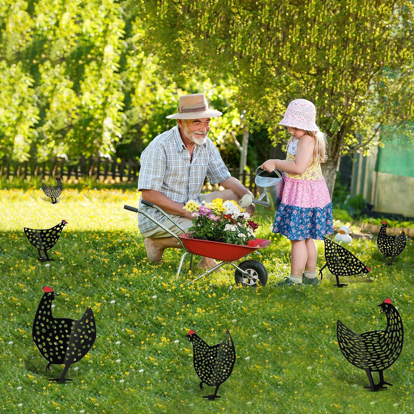 Decorative Metal Chickens - Garden Plug Set for Outdoor Use