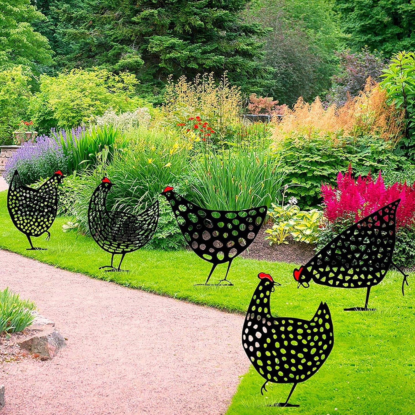 Decorative Metal Chickens - Garden Plug Set for Outdoor Use