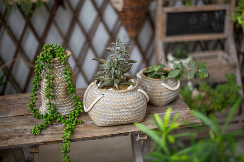 Ceramic Plant Pot in Hemp Bag Design with Rope Handles - Decorative Flower Pot for Garden and Home