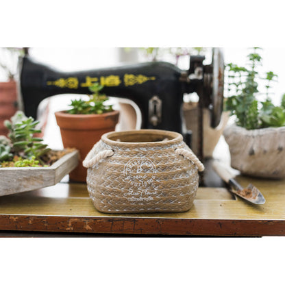 Ceramic Plant Pot in Hemp Bag Design with Rope Handles - Decorative Flower Pot for Garden and Home