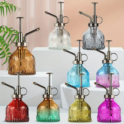 Embossed Glass Bottle with Metal Nozzle - Plant Sprayer for Watering Flowers in a Vintage Design