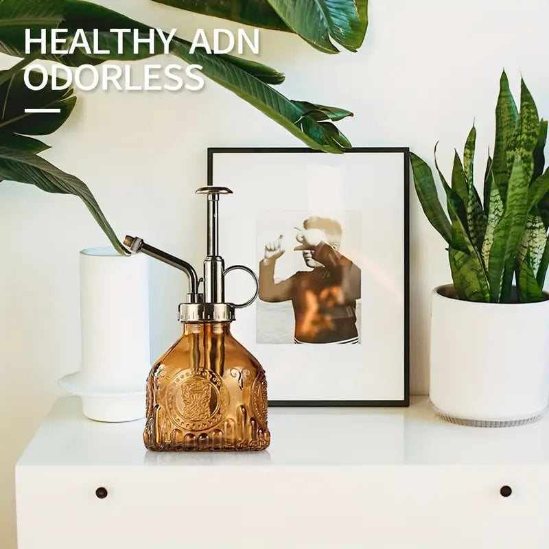 Embossed Glass Bottle with Metal Nozzle - Plant Sprayer for Watering Flowers in a Vintage Design