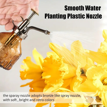 Embossed Glass Bottle with Metal Nozzle - Plant Sprayer for Watering Flowers in a Vintage Design