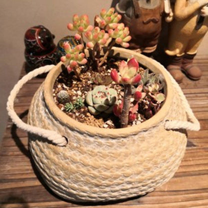 Ceramic Plant Pot in Hemp Bag Design with Rope Handles - Decorative Flower Pot for Garden and Home